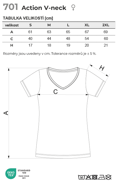 701 Action V-neck tričko dámské Tabulka velikostí